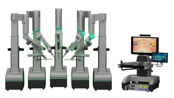 The SS Innovations SSi Mantra robot's five modular arms and surgeon console are shown.