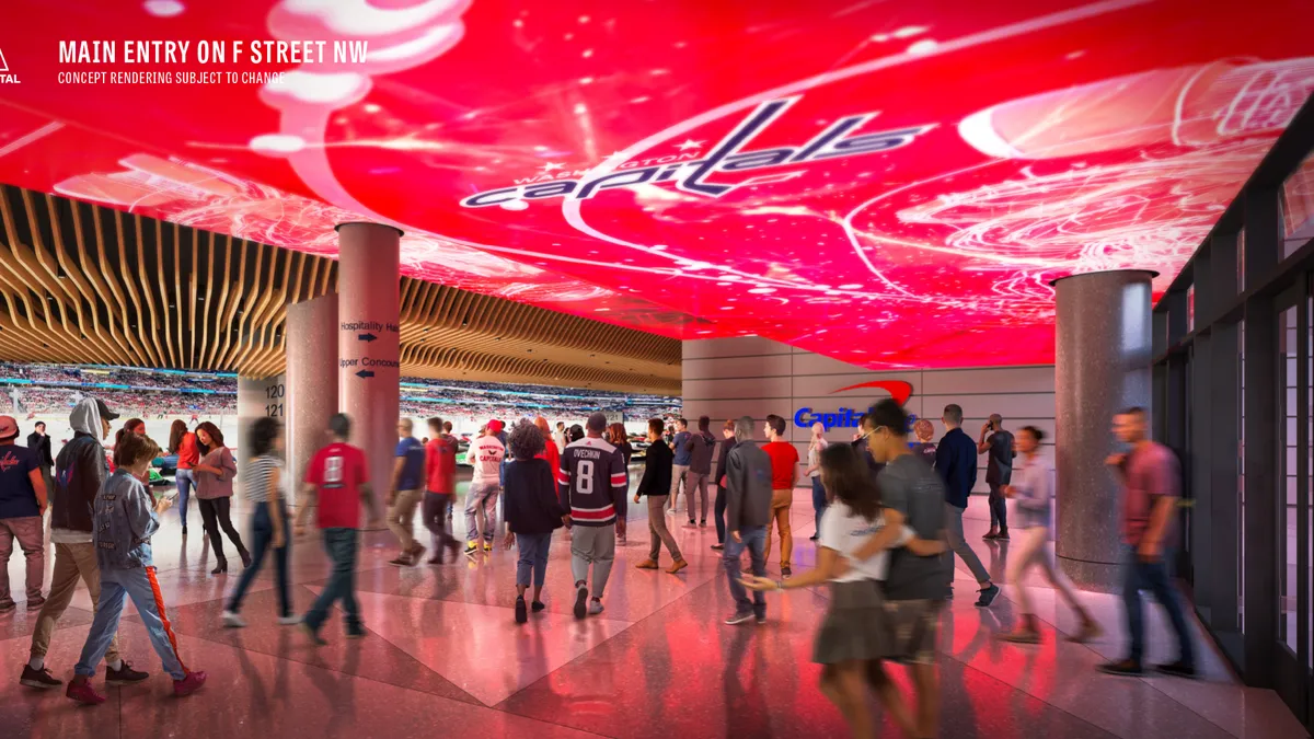 A rendering of people walking through a modern stadium concourse.