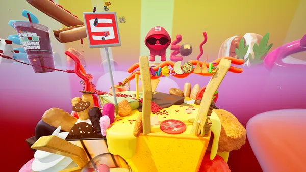 A screenshot of a video game showing platforms made of hot dogs, cups of soda, cookies and other items. A sign planted in one area has the Sheetz logo.