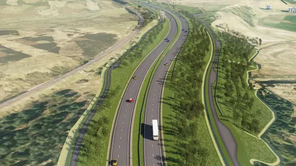 A rendering of a double-laned highway with cars and trucks driving up and down amid sunny green hills.