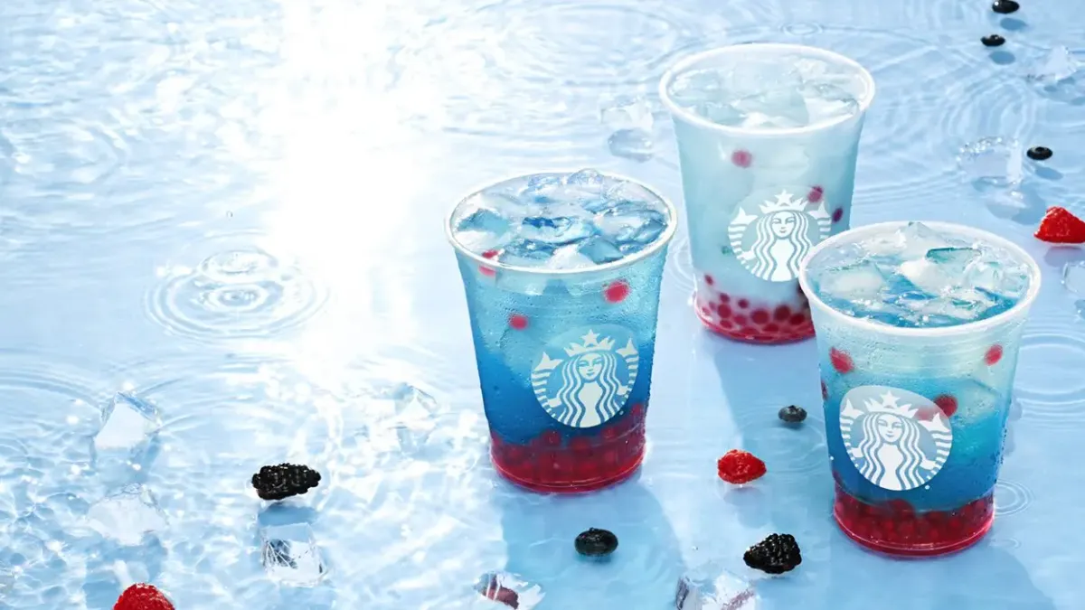 Starbucks Summer Berry Refreshers beverages, blue drinks with red pearls.