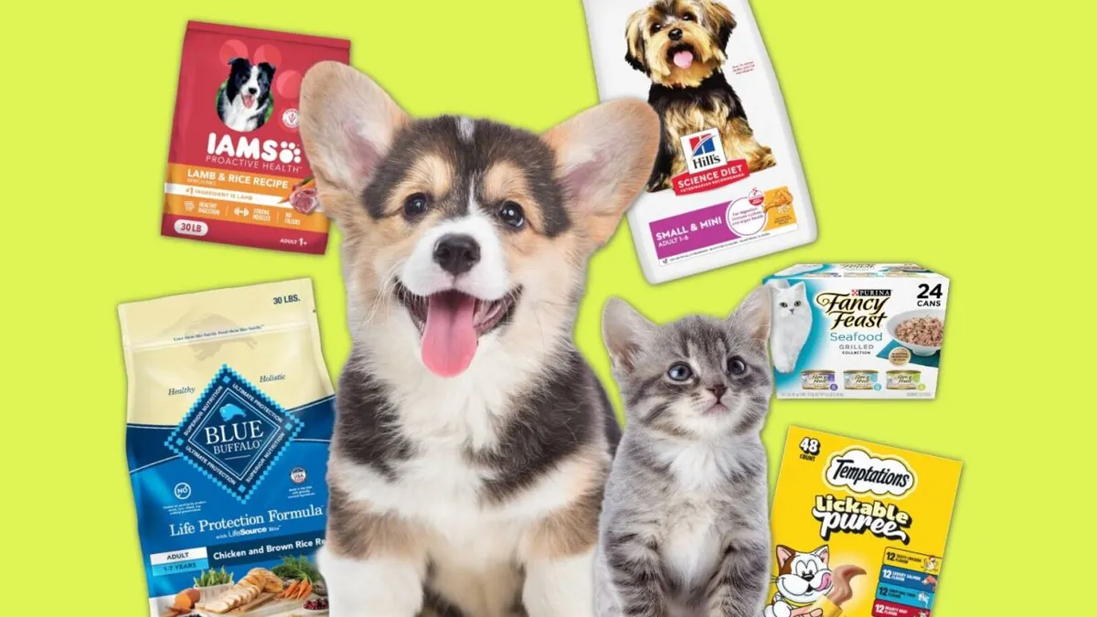 A dog and a cat surrounded by pet products.