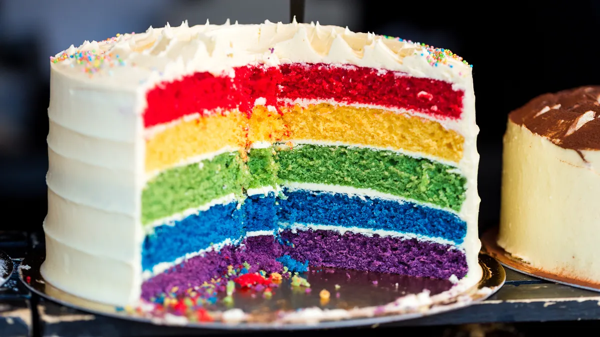 Food coloring is used to make layers of a rainbow cake