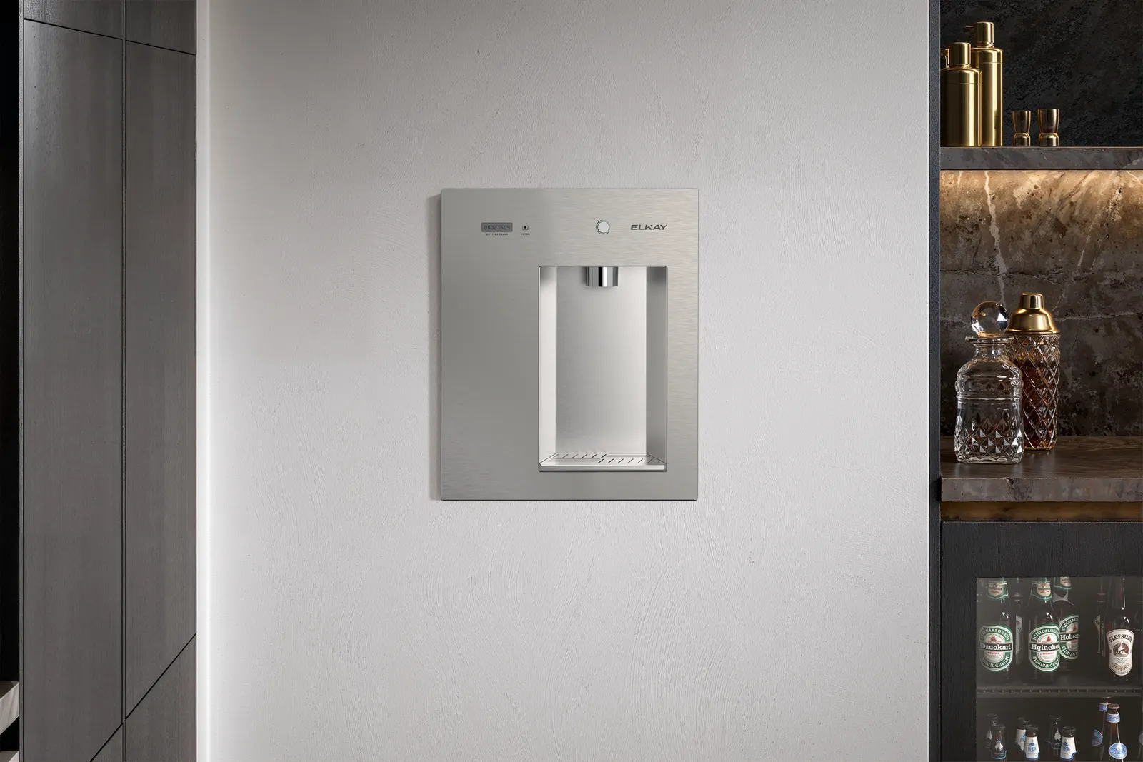 A water filter built into a wall.