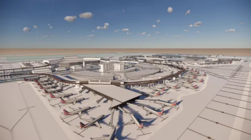 Design of a sprawling white building surrounded by airplanes.