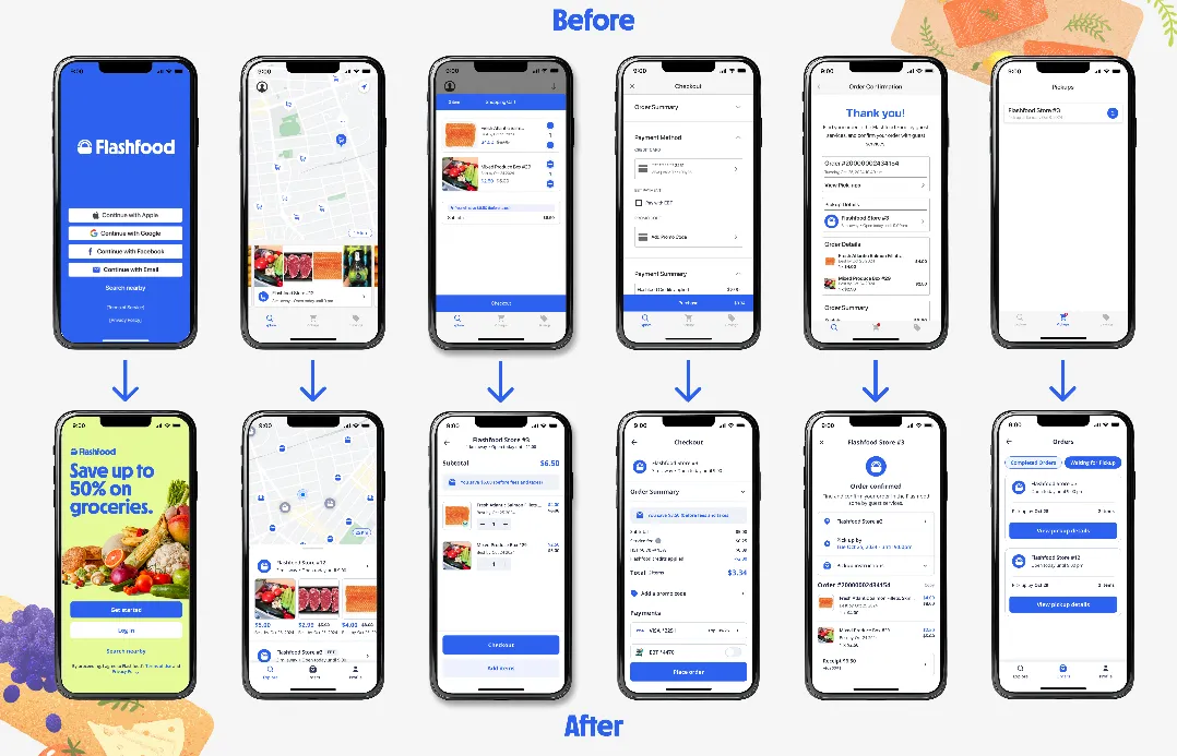 Side-by-side of Flashfood's app before and after recent update shown on multiple smart phone screens