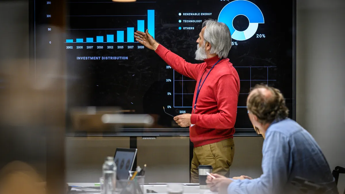 an executive gives a presentation in an office setting in front of a large screen featuring charts