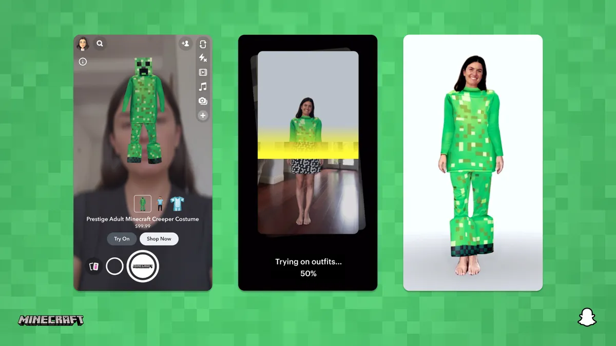 A series of three mobile photos where a person is trying on a Minecraft costume using AR.