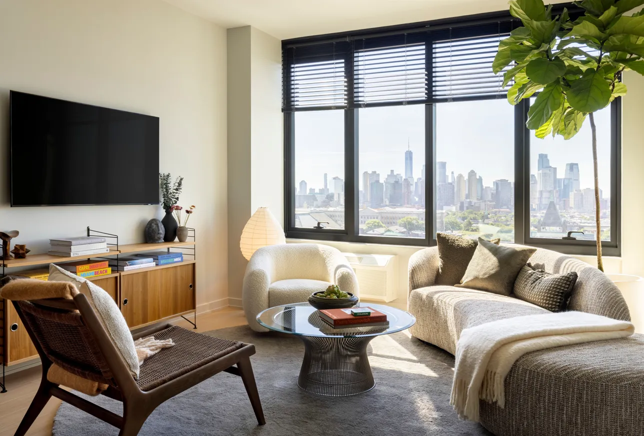 A living room with a white and cream color palette.