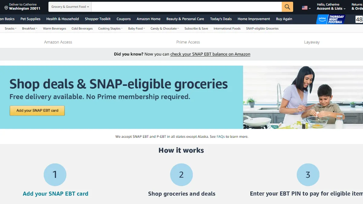 A screenshot of Amazon's website with a banner saying "Shop deals and SNAP-eligible groceries."