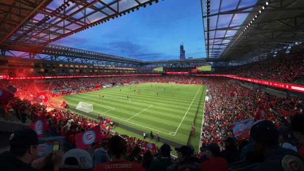 An interior rendering of a new, state-of-the-art soccer stadium, with players on the pitch and fans packing the stands.