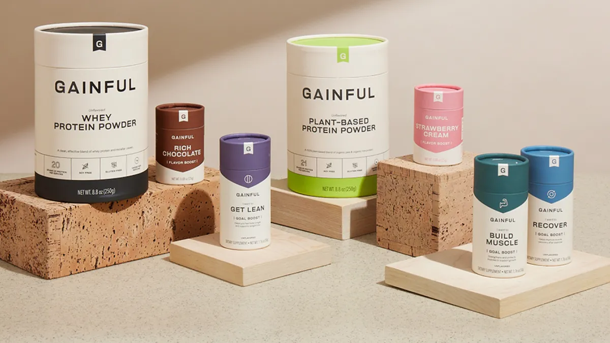 Gainful's products including protein powder and flavor boosters