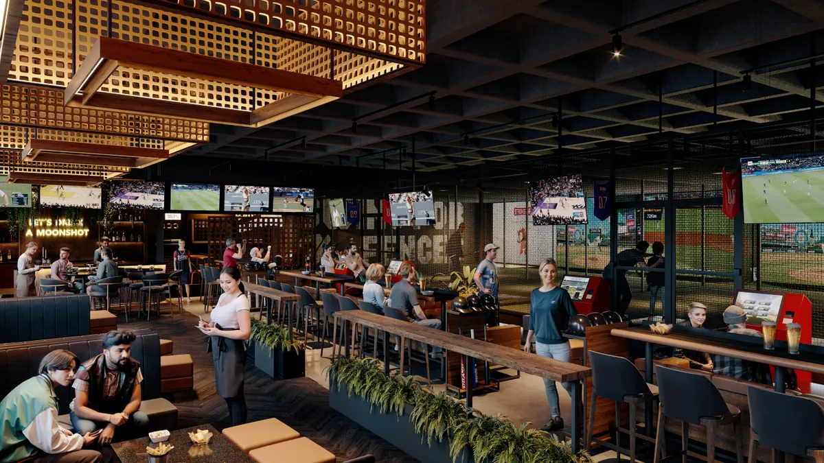 A rendering of a sports bar with people scattered throughout on the right there are batting cages and screens.