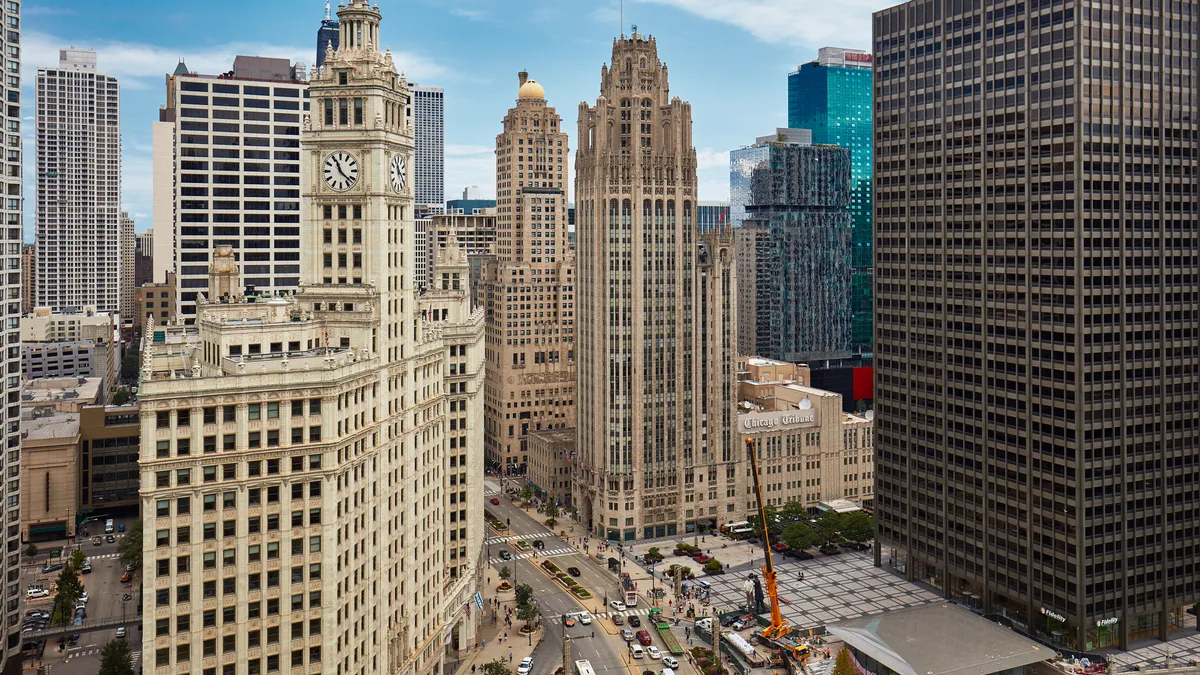 Aerial shot of high-rise buildings in a downtown