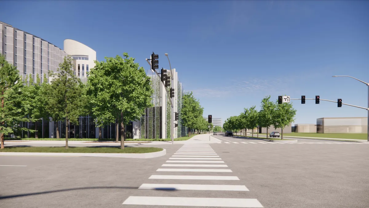 A rendering of a streetscape with a tall white building on the left.