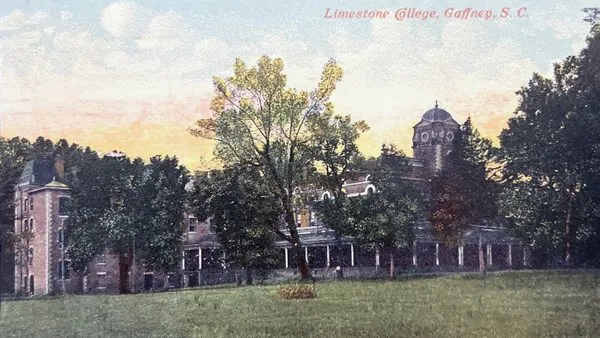 Illustrated postcard of college campus with brick buildings.