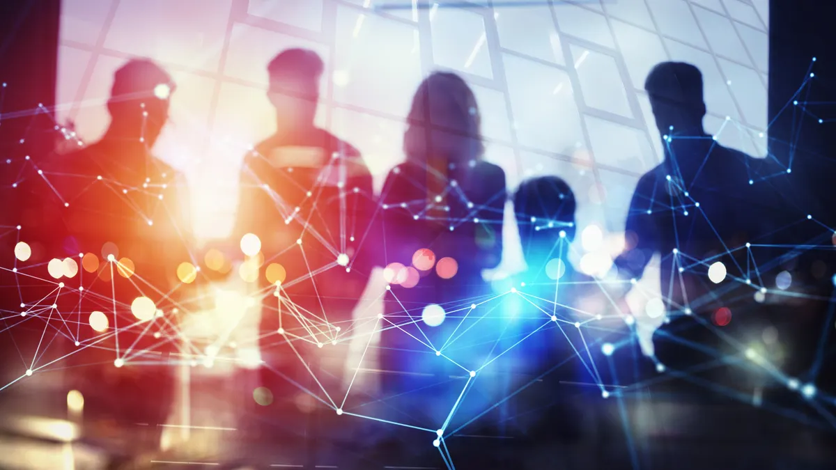 Business people collaborate together in office. Double exposure effects