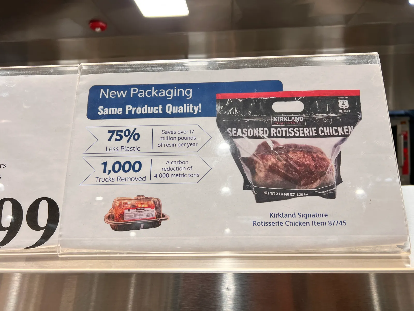 An in-store sign explaining the environmental benefits of Costco&#x27;s switch from rigid plastic containers to flexible plastic bags for its rotisserie chickens.