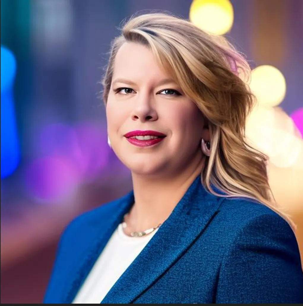 A headshot of a woman wearing a white shirt and blue blazer.