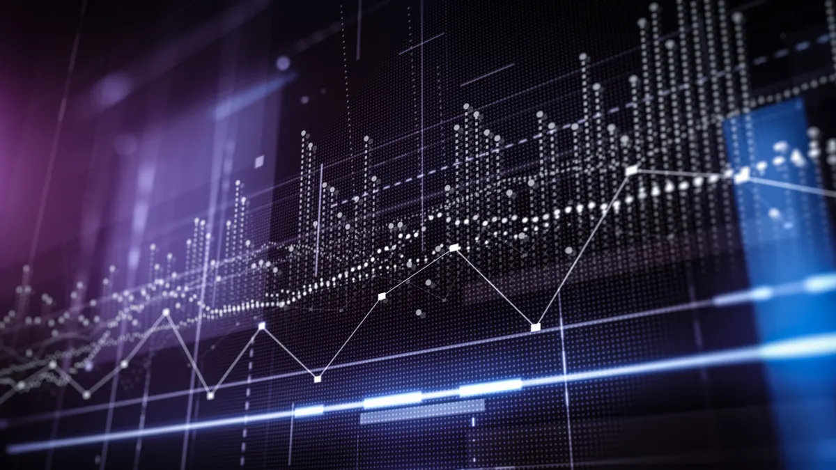 Abstract Financial Data Visualization With Line Graph And Digital Bars