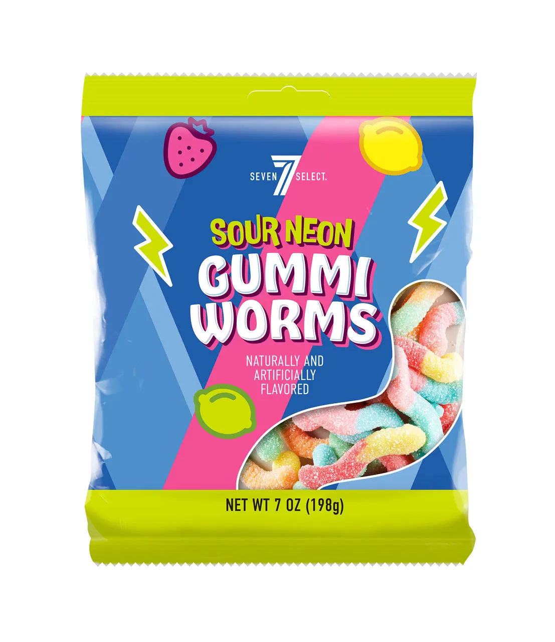 A bag of candy. The text on the blue and gold bag says Seven Select sour neon gummi worms.