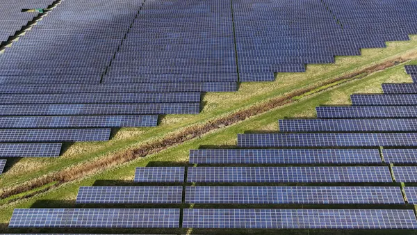 An aerial view of the Shotwick Solar Energy Park on February 25, 2025 in Deeside, Wales.