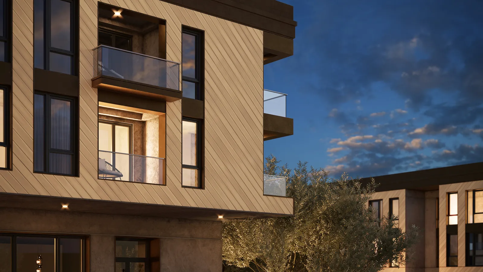 A building exterior with sand-colored siding.