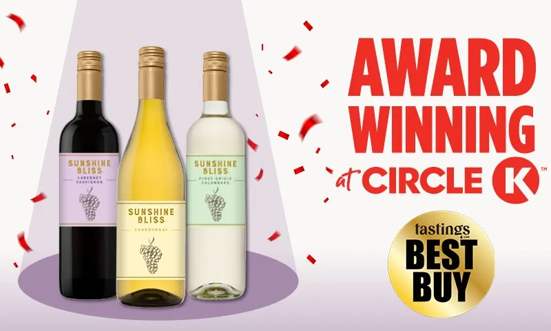 A graphic showing sunshine Hill wine bottles with the text "Award winning at Circle K, Tastings Best Buy.