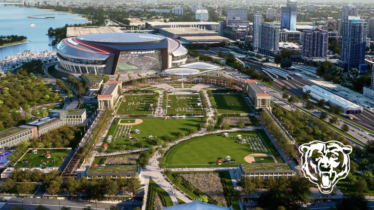 A rendering of the Chicago Bears new complex, complete with a new stadium, parks, athletic fields and more green space.