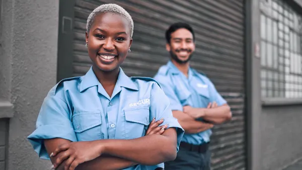 Security guard or safety officer portrait on the street for protection.