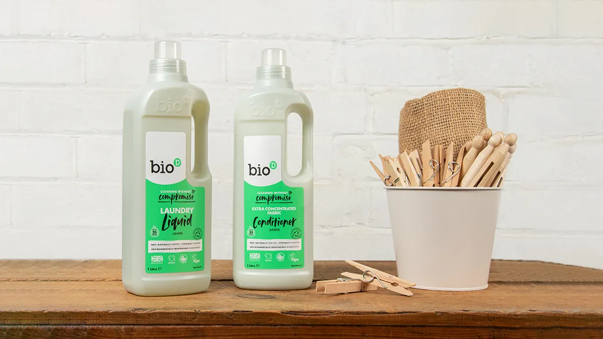 Bottles of Bio-D's laundry cleaning fluid and fabric conditioner.