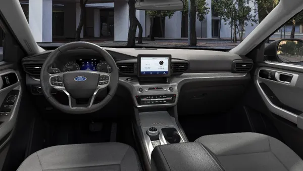 An interior view of the 2020 Ford Explorer SUV showing the dashboard with display for the backup cameras mounted in the center.