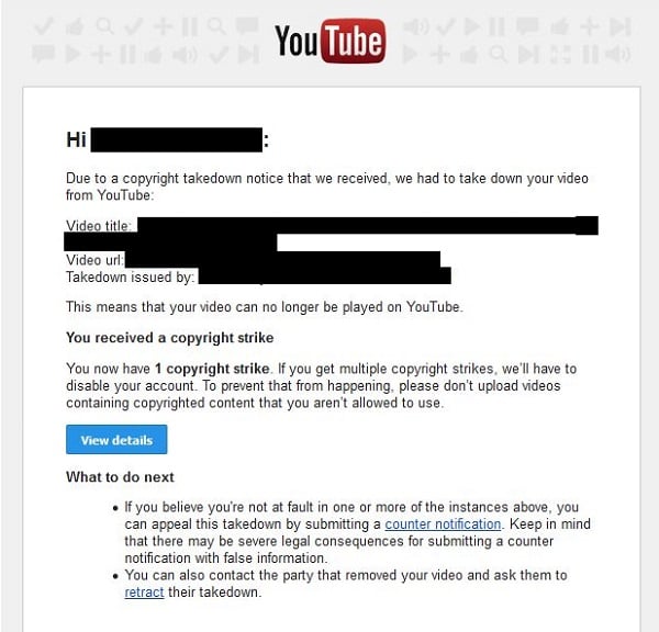 YouTube copystrike notice