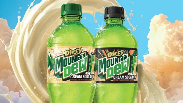 Two bottles of Dirty Mountain Dew are pictured in front of a creamy background.