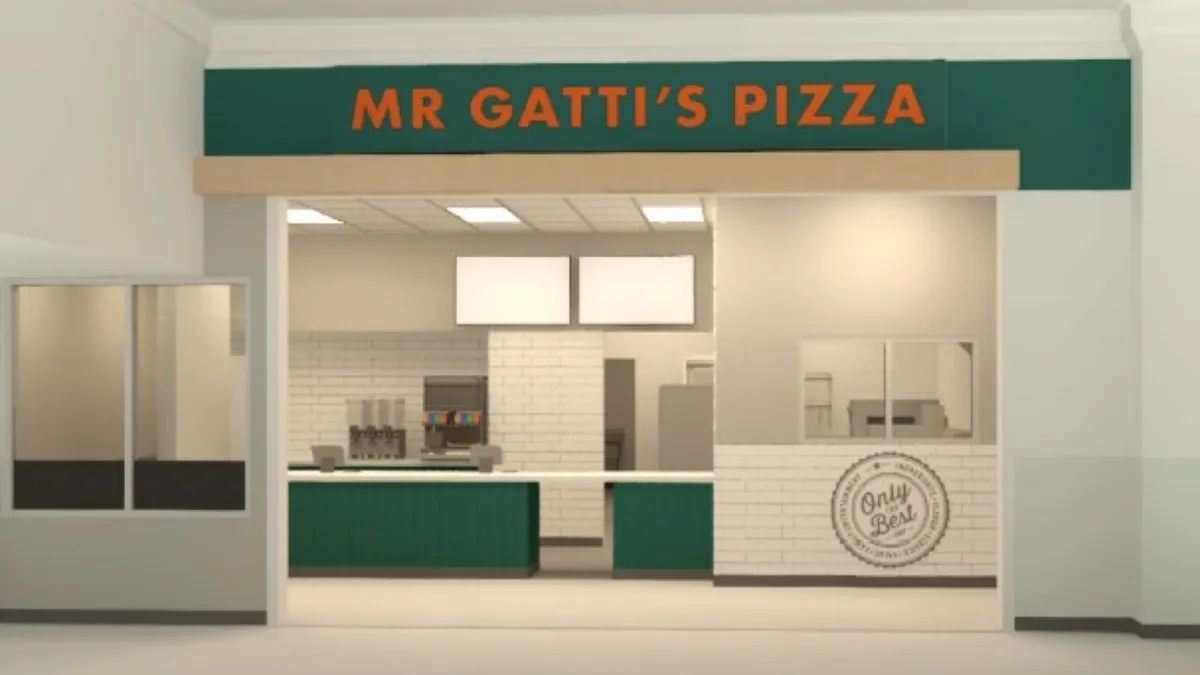 A rendering of a store front inside Walmart. The green sign says "Mr. Gatti's Pizza"