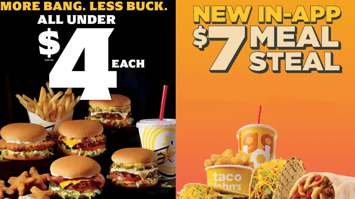 An combined image with tacos, burgers and other fast food items offered as part of value offeirngs.