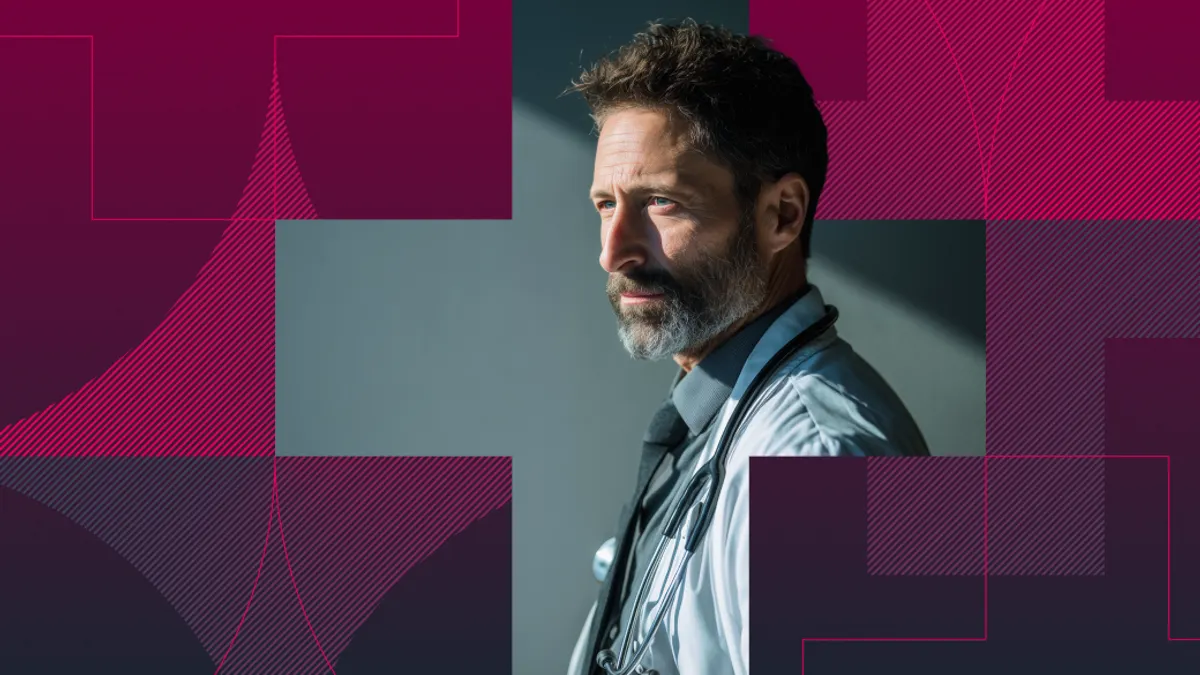 Doctor looking off into distance with abstract pink and purple background.