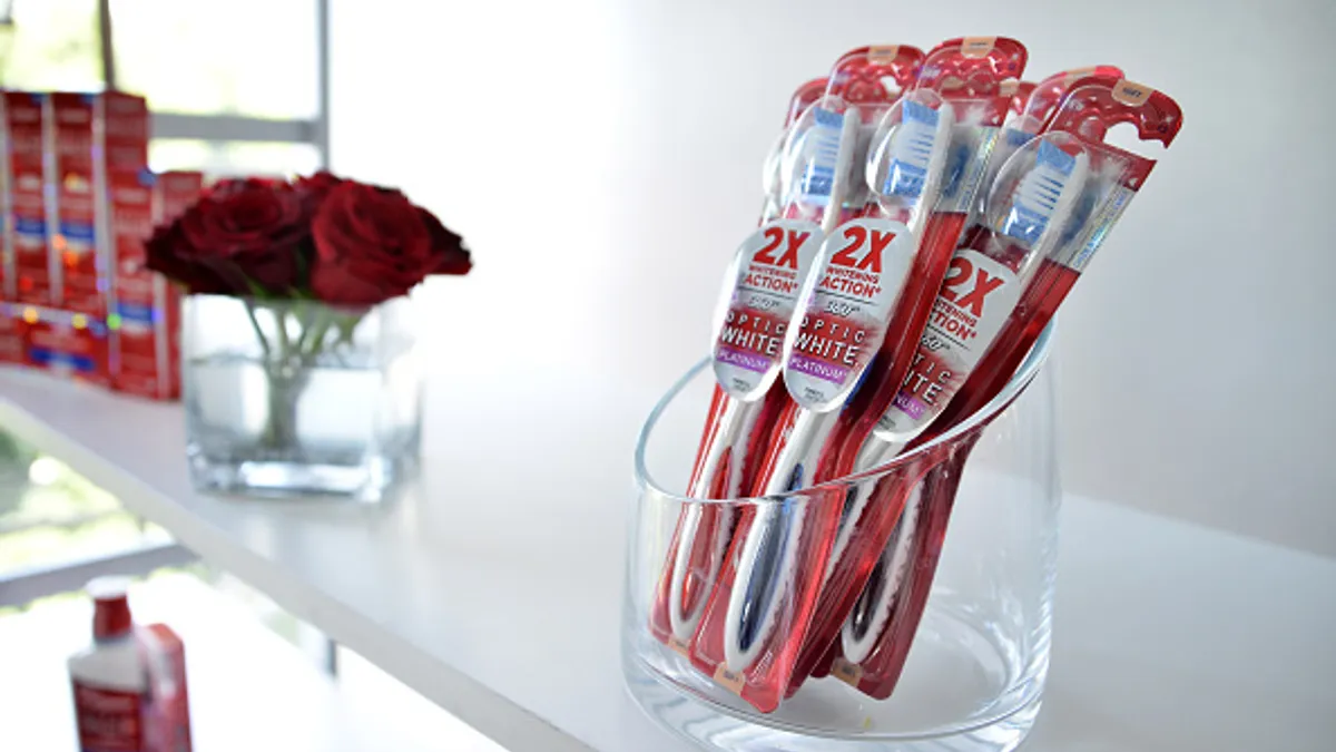 Colgate products at the Colgate Optic White Beauty Bar Day 1 at Hudson Loft on February 13, 2016 in Los Angeles, California.