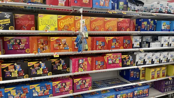 Shelves of snack multipacks at a grocery store
