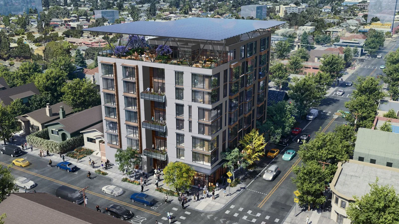 Render of a tall building with mass timber components standing high above the ground with open-air balconies and a rooftop communal area.