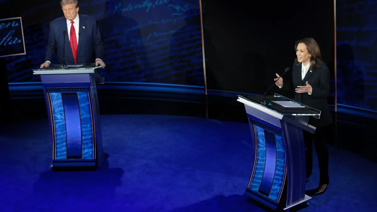 Republican presidential nominee, former U.S. President Donald Trump and Democratic presidential nominee, U.S. Vice President Kamala Harris debate for the first time during the presidential election campaign at The National Constitution Center on September 10, 2024 in Philadelphia, Pennsylvania.