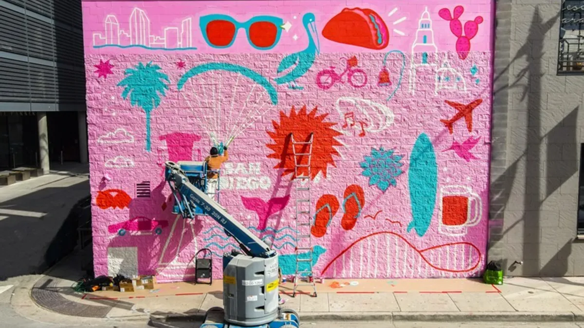 A mural by Phoebe Cornog at 740 W Randolph Street in Chicago’s West Loop as part of Tripadvisor and the San Diego Tourism Authority's "The Sunny Side of Things" campaign.