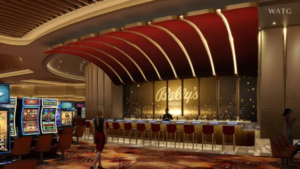A rendering of a casino interior with red carpets and bright, flashing lights.