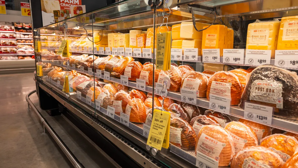 A meat case at a grocery store.