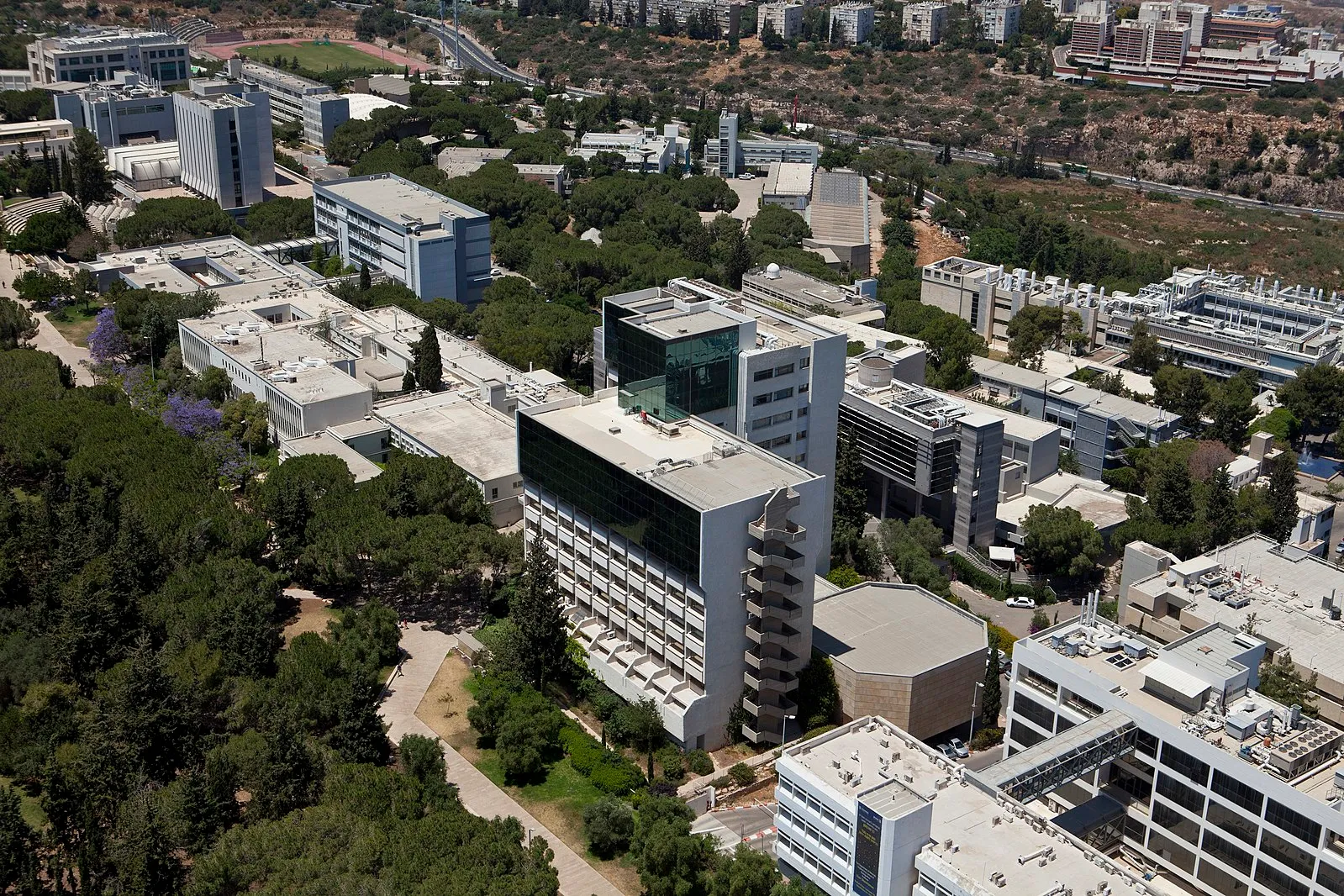 A collection of buildings in a green space. They are all grey stone and blocky. It's the middle of the day.