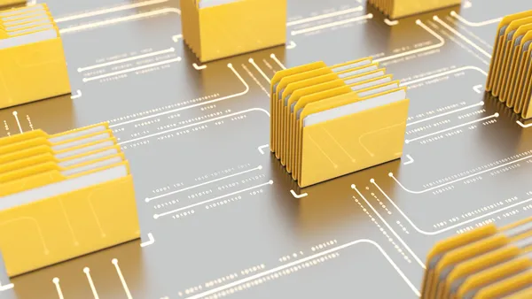 A series of yellow folders that depict lines of binary code running between them.