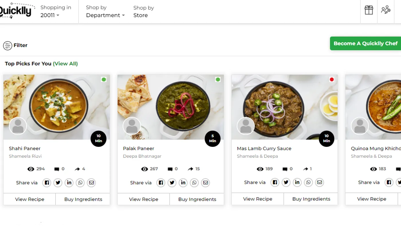 Shoppable recipes on Quicklly