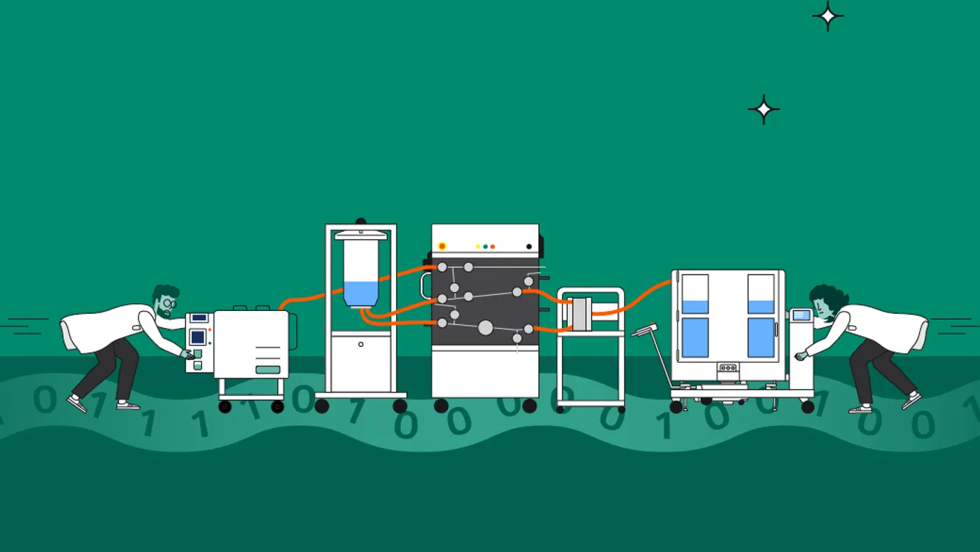 Illustration of two people pushing connected industrial wastewater treatment equipment