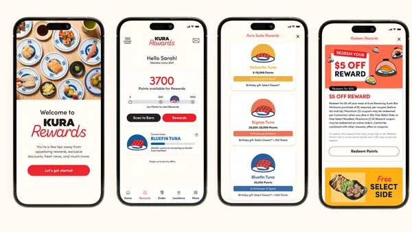 Several screenshots of a Kura Sushi's rewards program