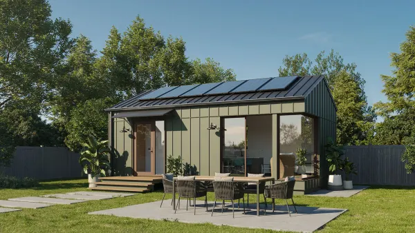 A rendering of a small green house with solar panels on the roof and large glass windows.